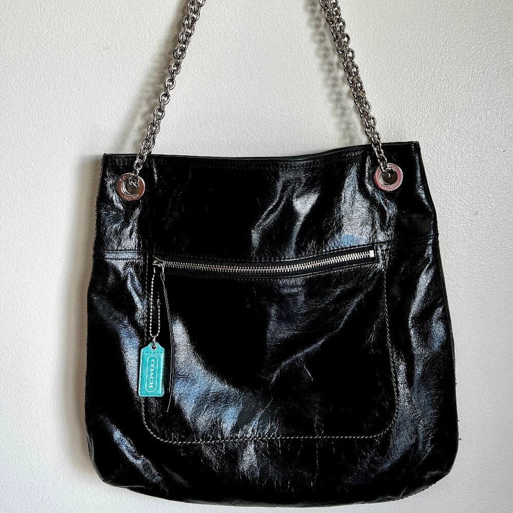 Coach Poppy Slim Black Leather Tote, with silver chain strap.